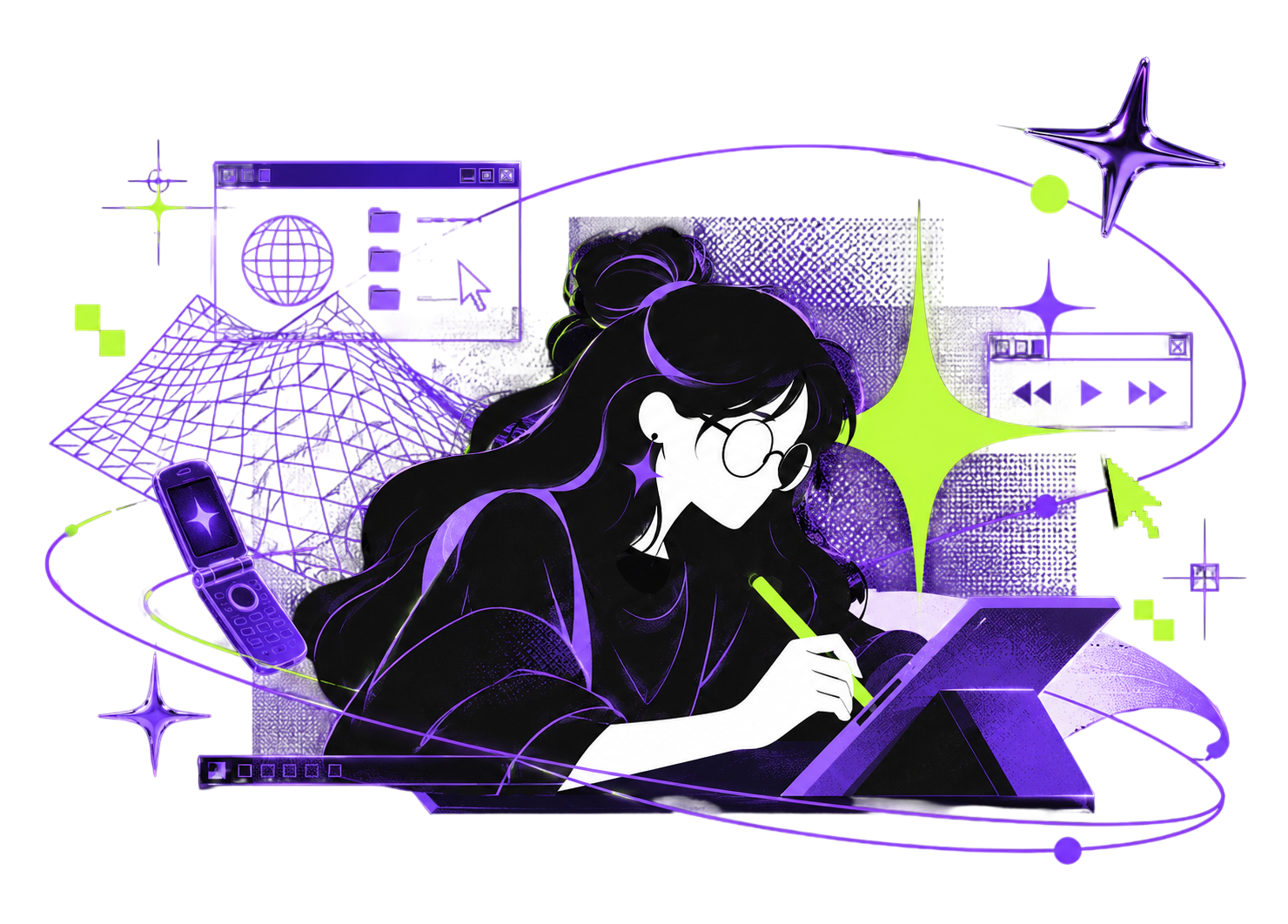 Ilustradora digital trabajando con una tablet, rodeada de órbitas y estrellas.